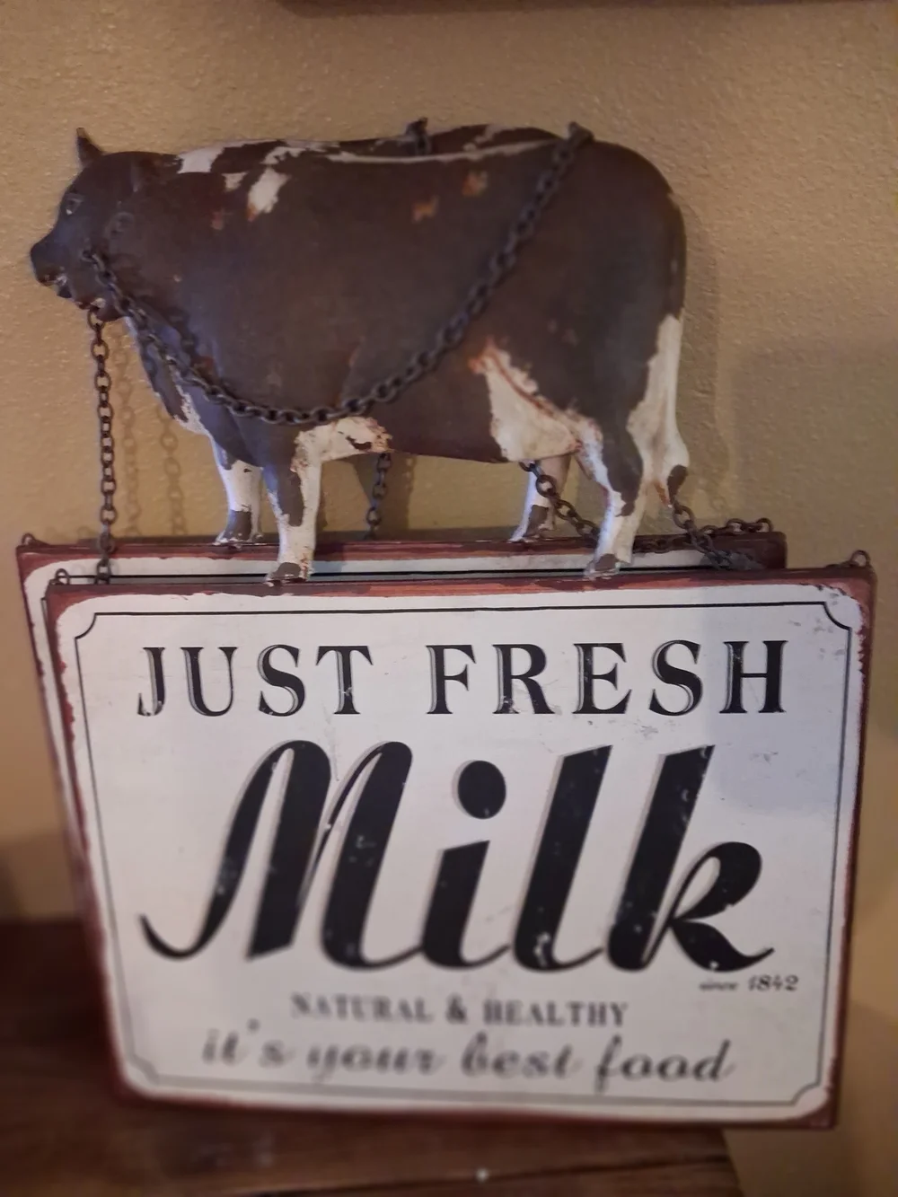 Just Fresh Milk Wall Sign with Cow Accent - Rustic White and Brown